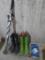 Outdoor lot with rubber boots, mat, umbrella and weather radio