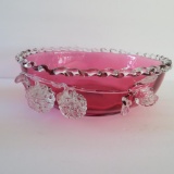 Cranberry Art Glass bowl with applied berries and ribbon edge