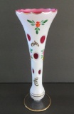 Lovely pink and white case glass vase with painted flowers, 8