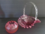 Cranberry rose bowl and glass basket