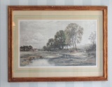 Lovely Farmstead Etching, colored, 