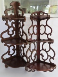 Two wooden three shelf corner shelves, wall hanging