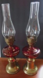 Pair of Brass and Cranberry Colored Electrified Hurricane Lamps