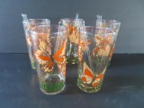 Five Butterfly Water glasses, stained glass design with glass stir sticks, 6 1/2