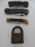 Three Pocket knives and old lock