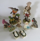 Nine Lefton Figurines, birds, angel and Colonial Figure, some damage and repair noted