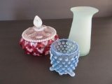 Three art glass pieces, Fenton-hobnail and satin glass