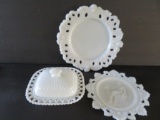 Milk glass covered dish and cherub plates