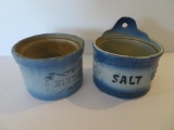 Two Blue and White Stoneware Butter and Salt Crocks, no lids