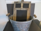 Decorative metal bucket and two blackboard signs