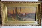 Early oil painting, fishing on river, tear in canvas noted, 30