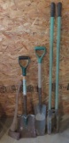 Four long handle tools, ax, shovels and post hole digger