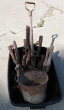Tote of Old metal tools and parts for garden art and crafting