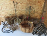 Assorted planter lot, metal baskets and hooks