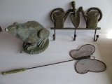 Garden hook, frog fountain and butterfly swatter