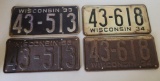Two matched sets of Wisconsin License Plates 1933 and 1934