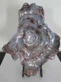 Modern style art glass shell dish on heavy metal stand, 17 1/2