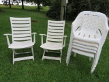 Six plastic chairs, stacking and folding