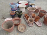 Assorted planters, clay, painted and large cup, all have wear and used