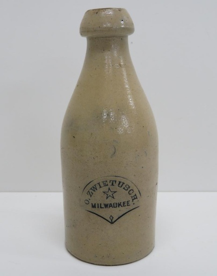 O Zwietusch Milwaukee Stoneware bottle, shield emblem, 8"