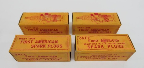 Four vintage spark plugs in boxes, World Rotary Motor Inc, 7/8" long, First American