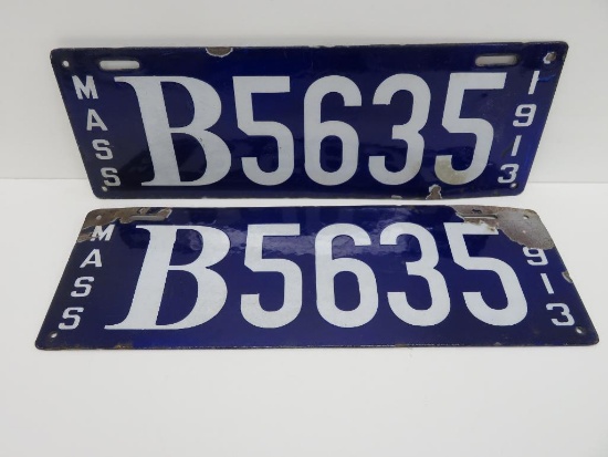 1913 Enamel Mass license plates, matched set, 16"
