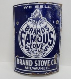 Brands Famous Stoves enamel sign, Milwaukee Wis, concave