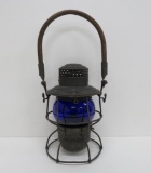 MC RR railroad lantern with cobalt globe, Adams Westlake Co, wooden handle, 10