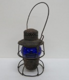 N & W RY Adlake Railroad lantern with cobalt globe, 9 1/2