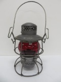 Adlake Rock Island railroad lantern, ruby globe, etched and embossed, 9