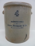 4 Gallon Crock Manufactured by Chas Hermann & Co Milwaukee Wis, raised lettering, damaged