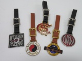 Five Classic Issue Railroad Watch Fobs with leather straps