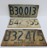 Three 1920 Massachusetts license plates, wear noted, 14