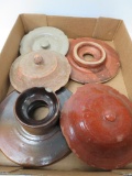 Five stoneware lids and churn lids, 5 1/2