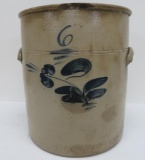 6 gallon floral cobalt decorated crock, molded handle and line banded, 14