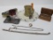 Mens lot, razor, 2 watch chains, mustache cup and clothes brush