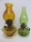 Two vintage oil lamps, green hobnail fingertip and amber