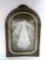 Lovely ornate cathedral shape antique frame with tatted hanky, 20 1/2