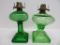 Two Vintage green oil lamps, no chimneys