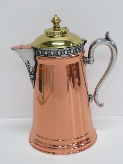 Vintage Copper Brass and Silverplate ornate coffee pot, 11"