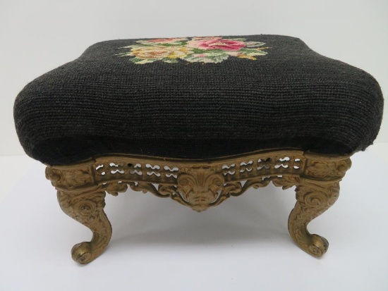 Ornate metal base needlepoint footstool, 14" x 11"