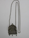 Metal mesh chatelaine style purse, woman's face