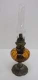 Vintage oil lamp, amber font and pewter base, 14 1/2