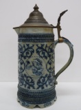 Early German Musical Stein, blue and grey stoneware, 13