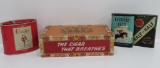 Wood Cigar box and three Tobacco Tins