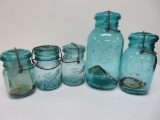 Five Ball blue canning jars, bail closure