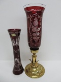 Egermann Czech etched glass vase and candle holder, ruby cut to clear, 11