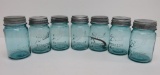 Seven Ball pint jars, blue with zinc lids