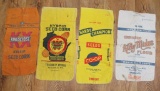 Four flour and seed bags, cloth, brightly colored