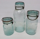 Three Putnam Lightning Canning Jars, blue